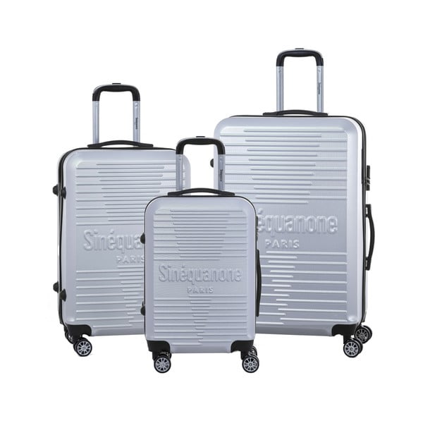 Комплект от 3 куфара за пътуване в сребристо на колелца със заключване - SINEQUANONE