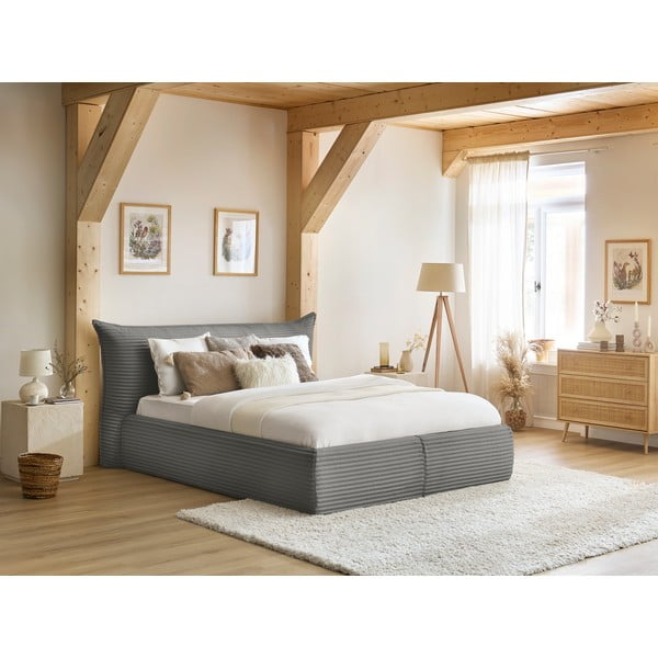 Сиво двойно тапицирано легло с място за съхранение с включена подматрачна рамка 160x200 cm Jade – Bobochic Paris-image-1