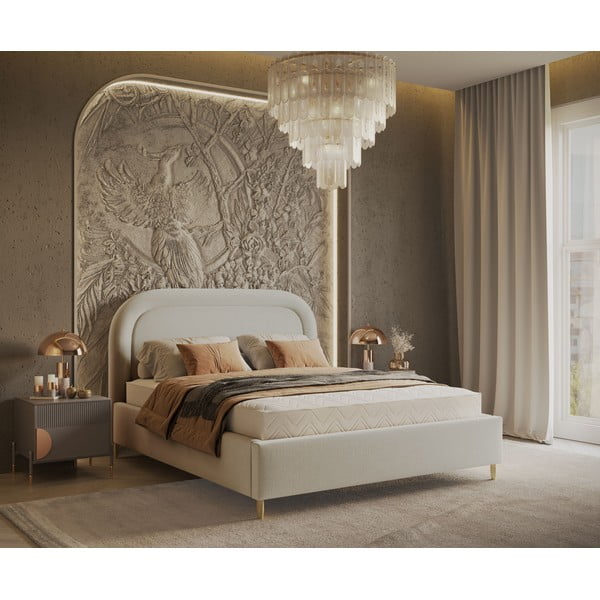 Кремаво тапицирано двойно легло с място за съхранение с включена подматрачна рамка 160x200 cm Mija – Maison de Rêve-image-1