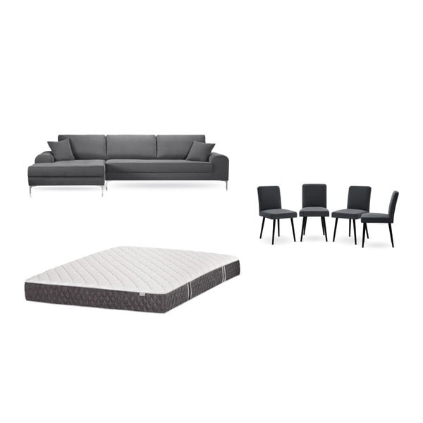 Комплект от сив диван с шезлонг вляво, 4 антрацитно сиви стола и матрак 160 x 200 cm - Home Essentials