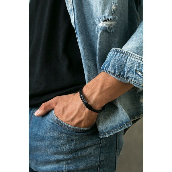 Pánský černý náramek z pravé kůže Monomen Double Braid-image-1