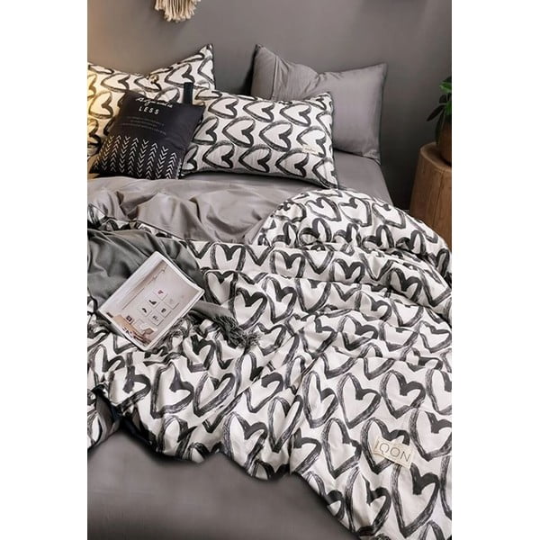 Бяло и сиво памучно двойно легло с чаршаф 200x220 cm - Mila Home