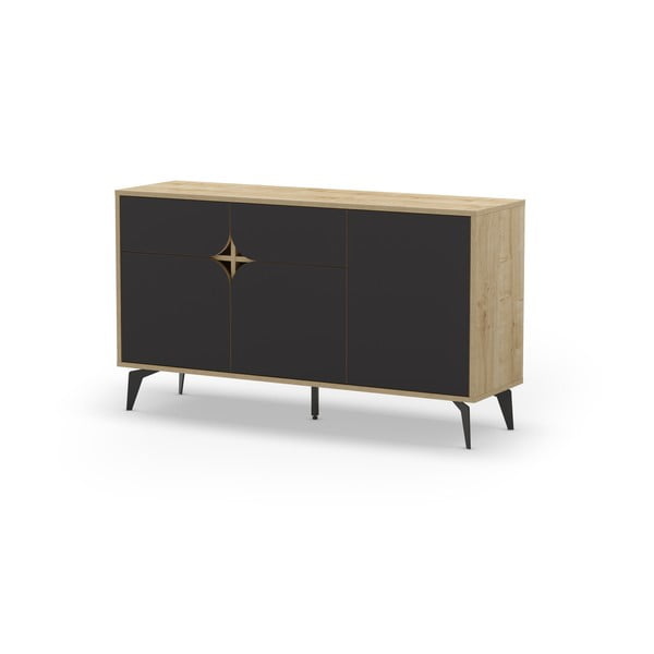 Нисък скрин с дъбов декор в черно - естествен цвят 140x79 cm Nola - Marckeric-image-3