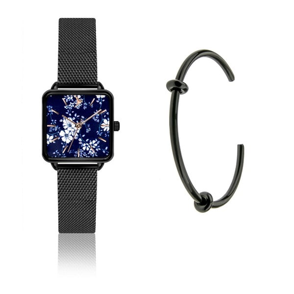 Set dámským hodinek s nerezovým páskem v černé barvě a černého náramku Emily Westwood Garro