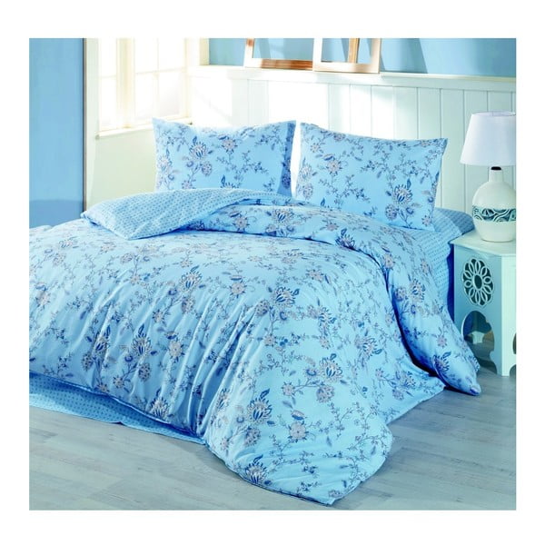 Синьо памучно спално бельо Meadow за единично легло с чаршаф, 160 x 220 cm - Unknown