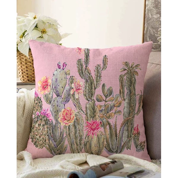 Розова калъфка за възглавница с памучна смес Blooming Cactus, 55 x 55 cm - Minimalist Cushion Covers