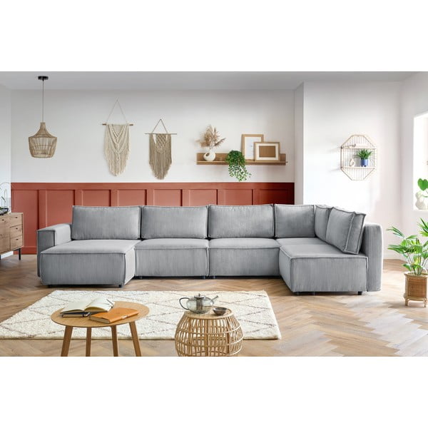 Светлосив ъглов U-образен диван от велур, десен ъгъл Nihad modular - Bobochic Paris-image-1