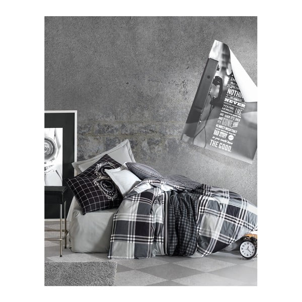 Черно-бяло памучно спално бельо с чаршаф за единично легло Квадрат, 140 x 200 cm - Mijolnir