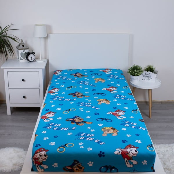 Син еластичен единичен памучен детски чаршаф 90x200 cm Paw Patrol – Jerry Fabrics-image-1