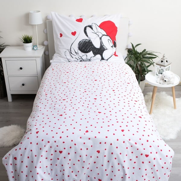 Червено-бяло единично  памучно детско спално бельо 140x200 cm Mickey and Minnie "Love" – Jerry Fabrics-image-2