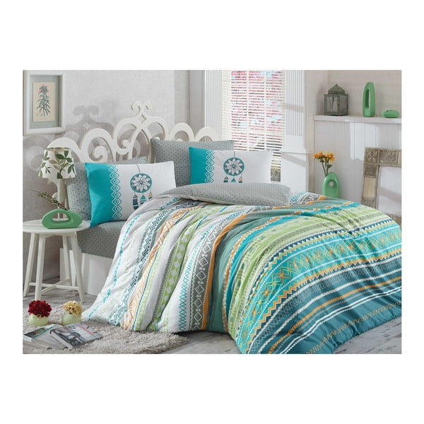Зелено памучно спално бельо с чаршаф за двойно легло Eva, 200 x 220 cm - Mijolnir