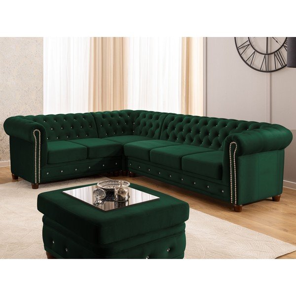 Зелен кадифен сгъваем ъглов диван (ляв ъгъл/L форма) York Blik – Ropez-image-1
