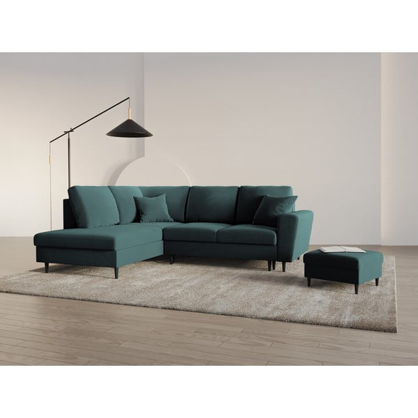 Кадифен разтегателен ъглов диван с място за съхранение в петролен цвят (ляв ъгъл/L форма) Kyoto – Cosmopolitan Design-image-2