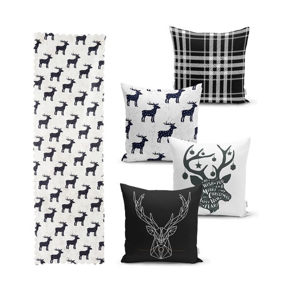 Комплект от 4 коледни калъфки за възглавници и покривка за маса Елен и звезди - Minimalist Cushion Covers