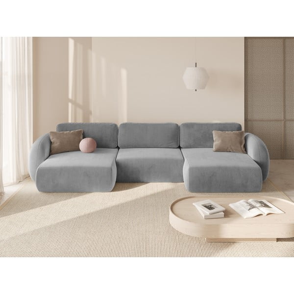 Светлосив кадифен сгъваем/с място за съхранение ъглов диван (U форма) Tonale – Cosmopolitan Design-image-1