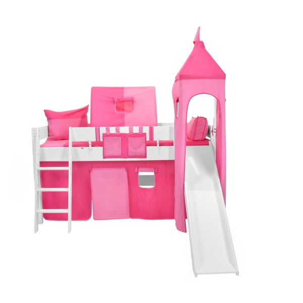 Dětská bílá patrová postel se skluzavkou a růžovým hradním bavlněným setem Mobi furniture Luk, 200 x 90 cm