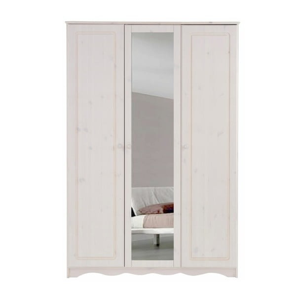 Bílá třídveřová šatní skříň se zrcadlem z masivního borovicového dřeva Støraa Amanda