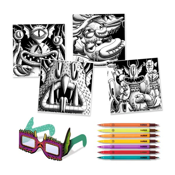 Арт комплект със 7 калиграфски маркера и 3D очила Monsters - Djeco