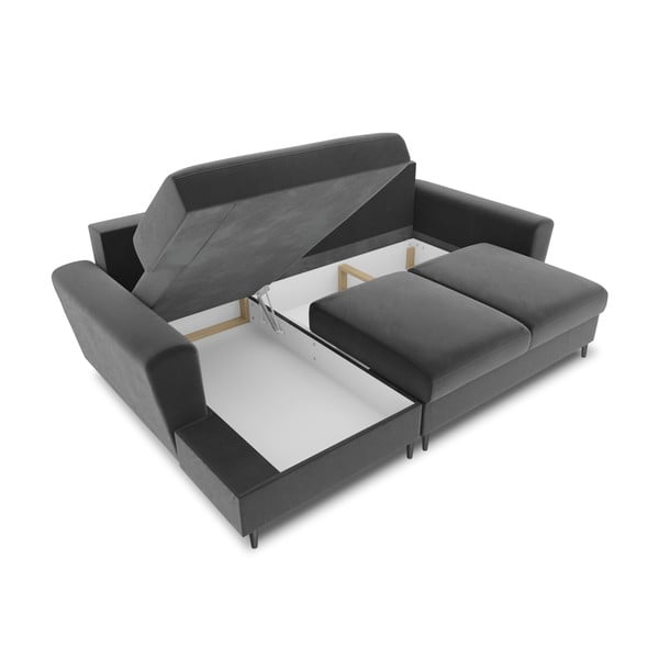 Светлосив кадифен разтегателен ъглов диван с място за съхранение (ляв ъгъл) Kyoto – Cosmopolitan Design-image-3