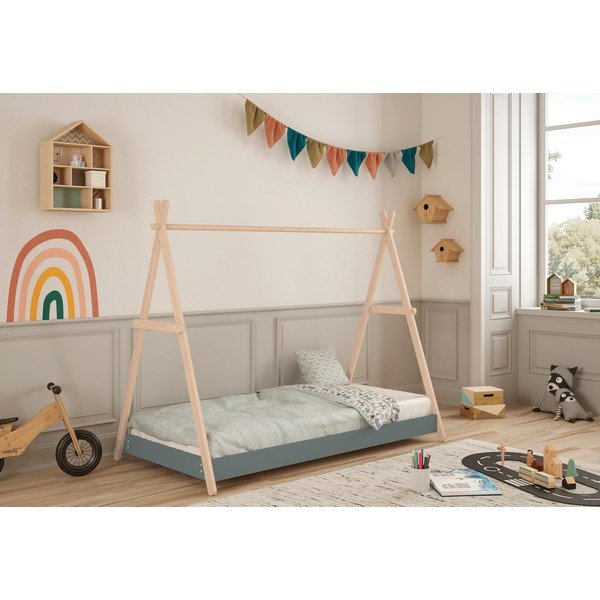 Къща детско легло 90x200 cm от масивен бор с включена подматрачна рамка в естествен цвят/сиво-зелено Trufa – Marckeric-image-1