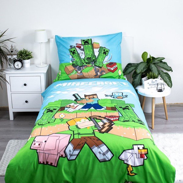 Зелено-синьо  единично  памучно детско спално бельо 140x200 cm Minecraft "Outdoor Mobs" – Jerry Fabrics-image-1