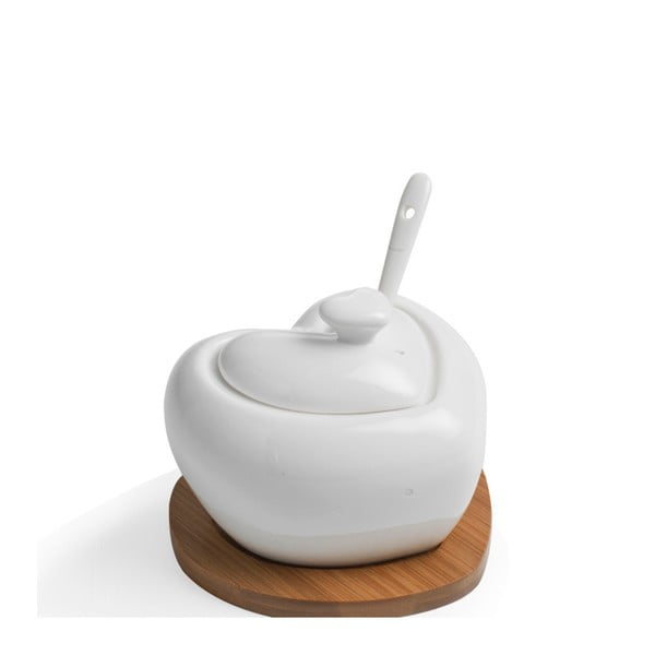 Порцеланова захарница с лъжица и бамбукова подложка Сърце - Brandani-image-3