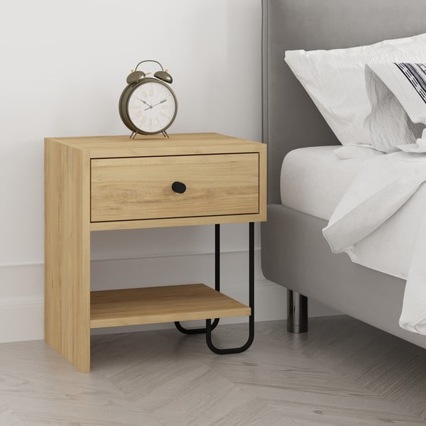 Нощно шкафче в дъбов декор с рафтове в естествен цвят Saturne - Marckeric-image-2