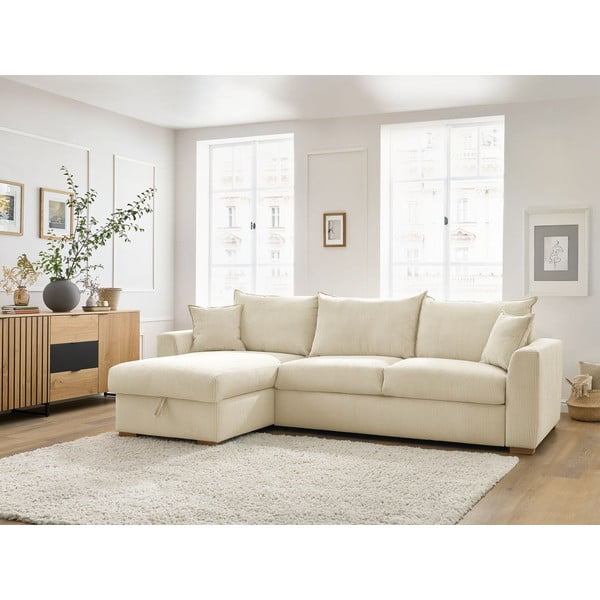 Кремав разтегателен ъглов диван от рипсено кадифе (променлив) Augustin – Bobochic Paris-image-1