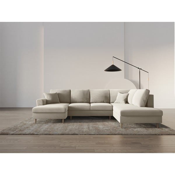 Бежов кадифен разтегателен ъглов диван с място за съхранение (десен ъгъл/U форма) Kyoto – Cosmopolitan Design-image-2