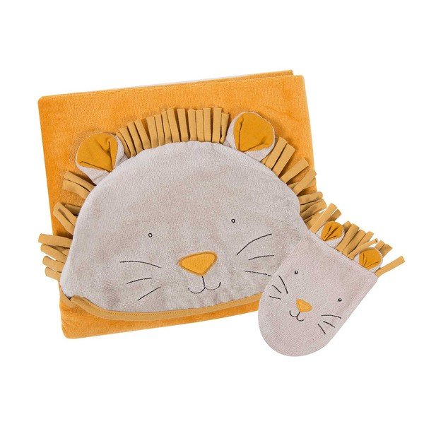 Жълт памучен комплект бебешки кърпи с качулка и хавлия 80x114 cm Sous mon Baobab - Moulin Roty-image-1