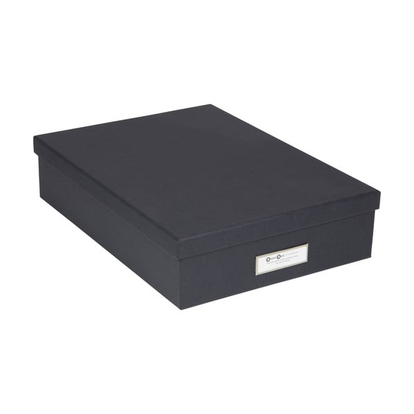 Тъмно сива кутия за съхранение с етикет за име за документи, размер A4 Oskar - Bigso Box of Sweden