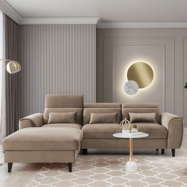 Светлокафяв кадифен разтегателен ъглов диван с място за съхранение (ляв ъгъл) Foble – ELTAP-image-1