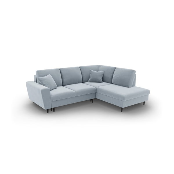 Светлосин кадифен разтегателен ъглов диван с място за съхранение (десен ъгъл/L форма) Kyoto – Cosmopolitan Design-image-1