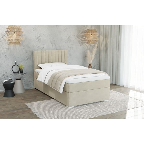 Бежово единично тапицирано легло с място за съхранение с включена подматрачна рамка 100x200 cm Bunny – Ropez-image-1