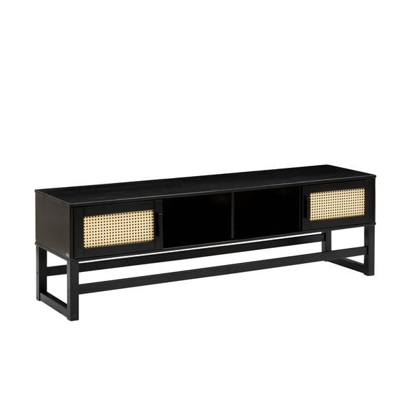 Черна телевизионна масичка от борова дървесина с ратанови вратички Jolene - Støraa-image-1