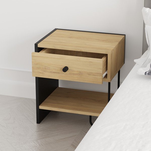 Нощно шкафче с рафтове от черен/естествен дъб Saturne - Marckeric-image-2