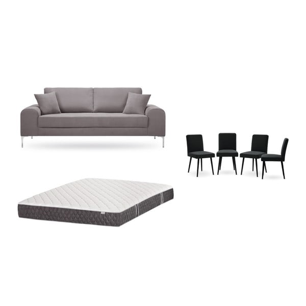 Комплект от триместен кафяв диван, 4 черни стола и матрак 160 x 200 cm - Home Essentials