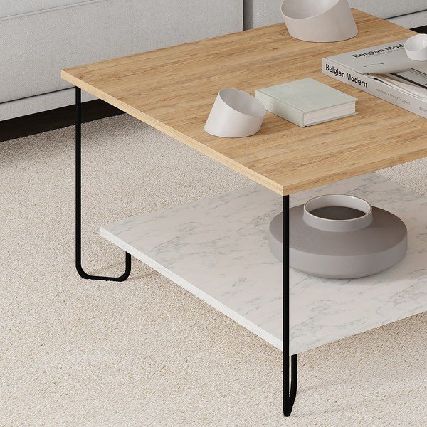 Масичка за кафе с плот от дъб с декор в бял и естествен цвят 80x80 cm Tonka - Marckeric-image-2