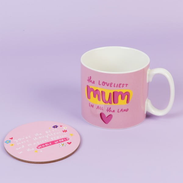 Комплект от керамична чаша и подложка Loveliest Mum, 450 ml - Happy News