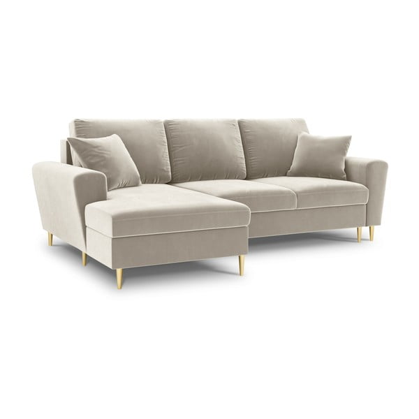 Бежов кадифен разтегателен ъглов диван с място за съхранение (ляв ъгъл) Kyoto – Cosmopolitan Design-image-1