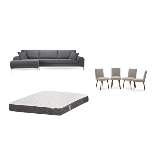 Комплект от сив диван с ляво кресло, 4 сиви и бежови стола и матрак 160 x 200 cm - Home Essentials
