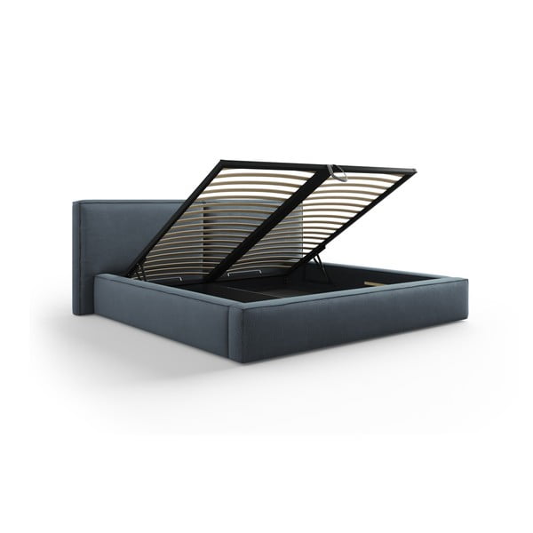 Тъмносиньо тапицирано двойно легло с място за съхранение и решетка 140x200 cm Arendal - Cosmopolitan Design-image-3