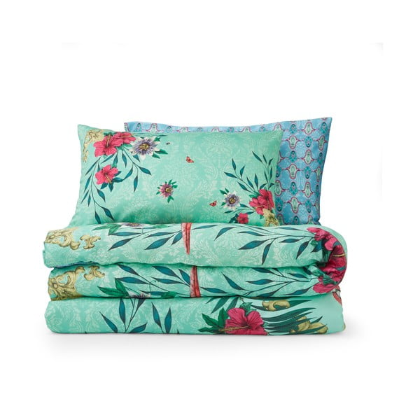 Зелено-синьо  двойно удължено спално бельо от памучен сатен 230x220 cm Paradise Parrot – Matthew Williamson