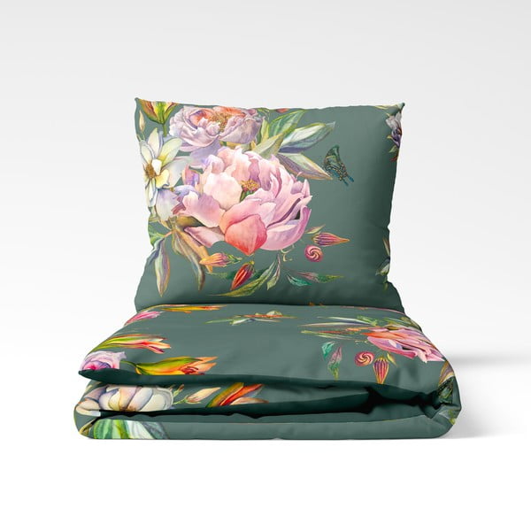 Тъмнозелено памучно спално бельо от сатен за двойно легло 200 x 220 cm Floret - Bonami Selection-image-2