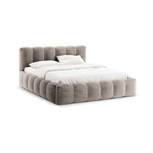 Светлокафяво тапицирано двойно легло с място за съхранение с включена подматрачна рамка 180x200 cm Lupine – Micadoni Home-image-3