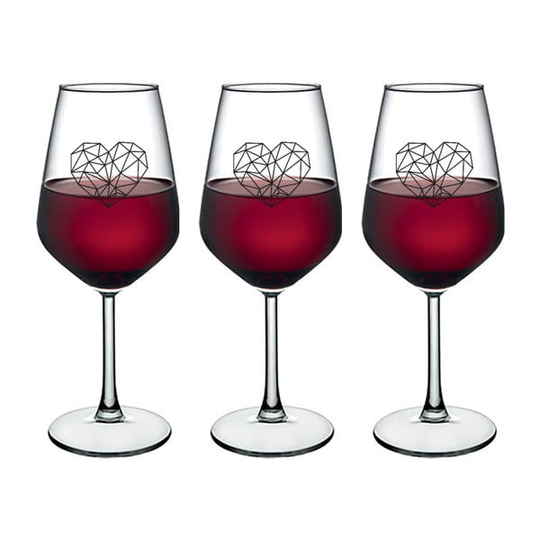Sada 3 sklenic na víno Vivas Polygonal Heart, 345 cm