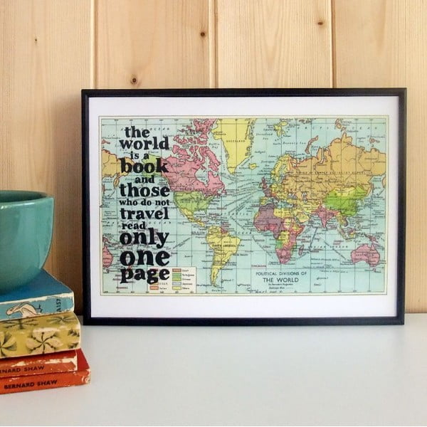 Plakát v dřevěném rámu World Is A Book Map Print