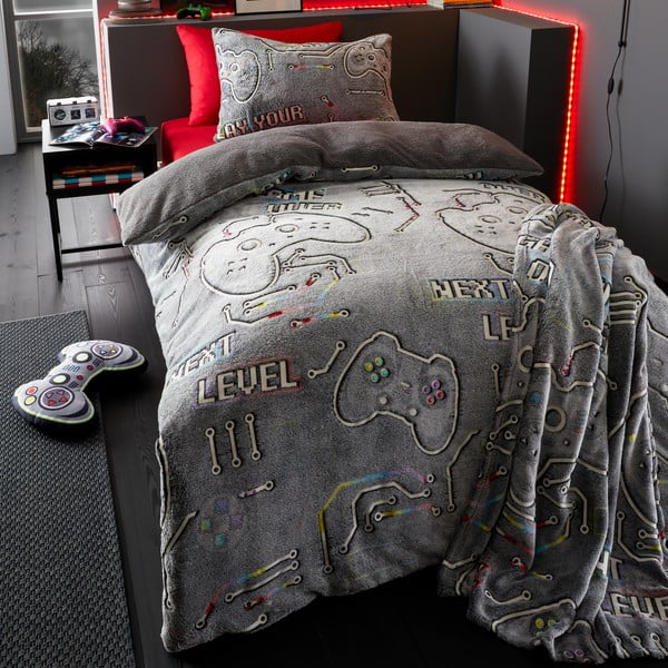 Сиво бебешко одеяло със светещ ефект от микроплюш 130x170 cm Game Over – Catherine Lansfield-image-1