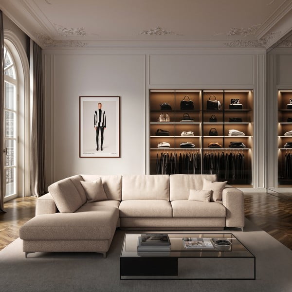 Бежов разтегателен ъглов диван с място за съхранение от букле (ляв ъгъл/L форма) Rene – Rodier-image-1