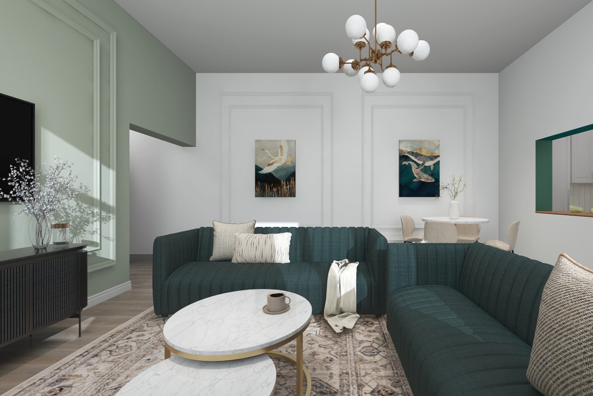 Изразителното място за сядане е проектирано като естествен център на цялото жилищно пространство, около което се развива ежедневието. Цветовете и разположението на мебелите подсилват усещането за простор и уют.